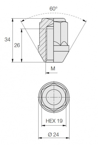 Гайка N19AСN34C конус, закрытая M12x1.25*L34*Key19 (N400)