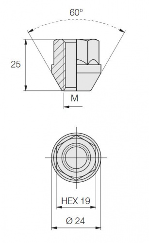 Гайка N19BCN25O конус, открытая M12x1.5*L25*Key19 (N176)